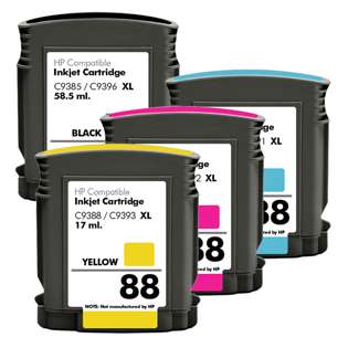 Remanufactured HP 88XL ink cartridges, high capacity yield (pack of 4)